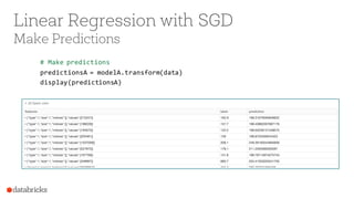 Linear Regression with SGD
Make Predictions
# Make predictions
predictionsA = modelA.transform(data)
display(predictionsA)
 
