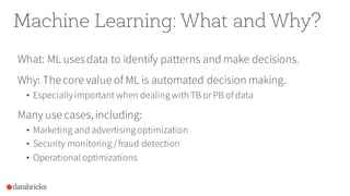 Machine Learning: What and Why?
What: ML usesdata to identify patterns and make decisions.
Why: Thecore value of ML is automated decision making.
• Especially important when dealing with TB or PB of data
Many use cases, including:
• Marketing and advertising optimization
• Security monitoring /fraud detection
• Operational optimizations
 