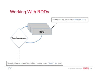 ®
© 2014 MapR Technologies 38
Working With RDDs
RDD
RDD
RDD
RDD
Transformations
linesWithSpark = textFile.filter(lambda line: "Spark” in line)!
textFile = sc.textFile(”SomeFile.txt”)!
 