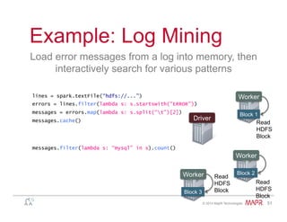 ®
© 2014 MapR Technologies 51
Example: Log Mining
Load error messages from a log into memory, then
interactively search for various patterns
lines = spark.textFile(“hdfs://...”)
errors = lines.filter(lambda s: s.startswith(“ERROR”))
messages = errors.map(lambda s: s.split(“t”)[2])
messages.cache()
Worker
Worker
Worker
messages.filter(lambda s: “mysql” in s).count()
Block 1
Block 2
Block 3
Driver
Read
HDFS
Block
Read
HDFS
Block
Read
HDFS
Block
 