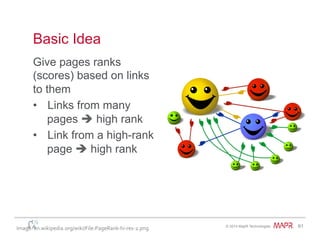 ®
© 2014 MapR Technologies 61
Basic Idea
Give pages ranks
(scores) based on links
to them
•  Links from many
pages è high rank
•  Link from a high-rank
page è high rank
Image:	
  en.wikipedia.org/wiki/File:PageRank-­‐hi-­‐res-­‐2.png	
  	
  
 