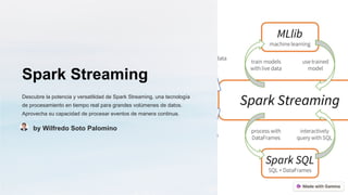 Spark Streaming
Descubre la potencia y versatilidad de Spark Streaming, una tecnología
de procesamiento en tiempo real para grandes volúmenes de datos.
Aprovecha su capacidad de procesar eventos de manera continua.
by Wilfredo Soto Palomino
 