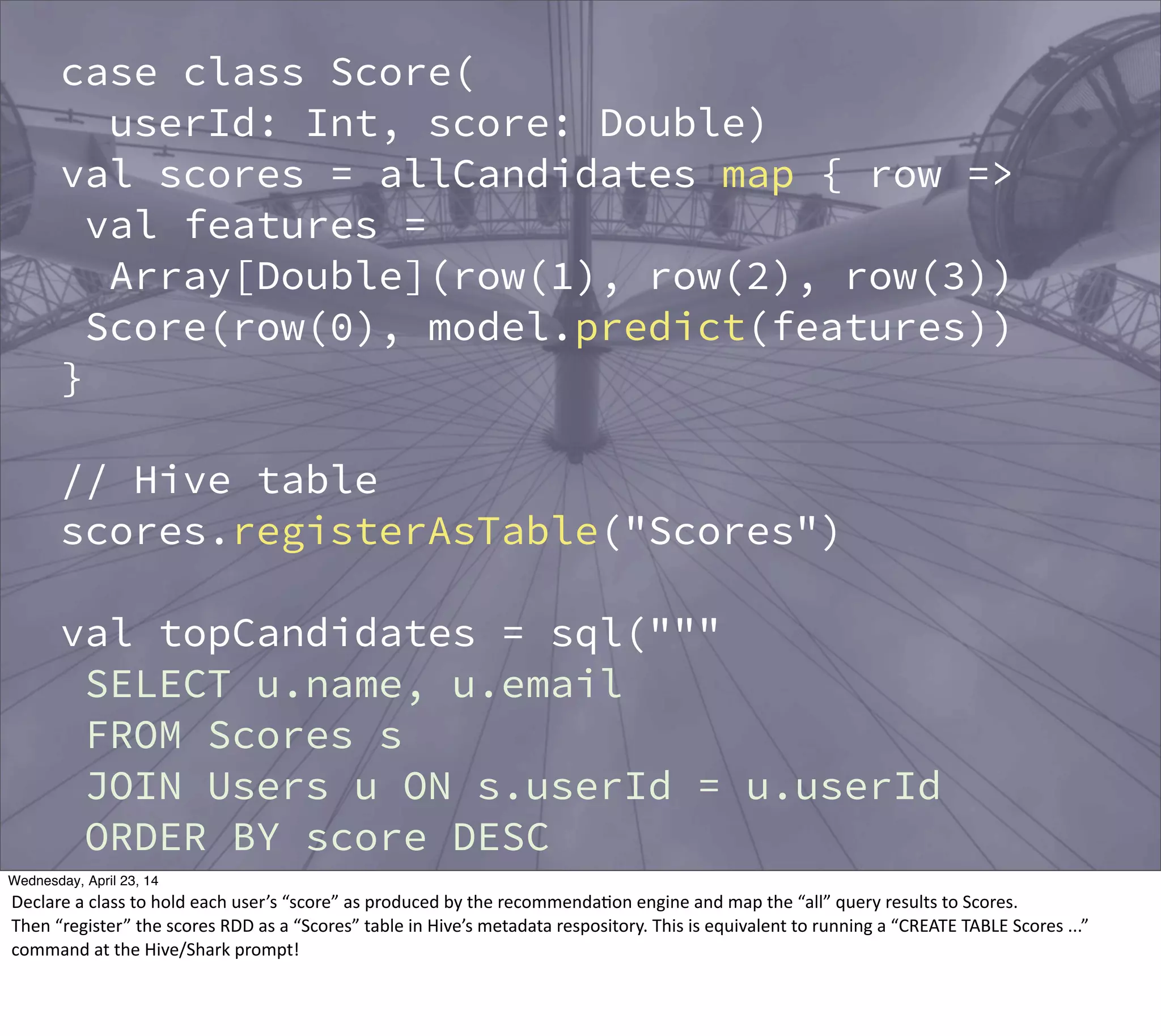 case class Score(
userId: Int, score: Double)
val scores = allCandidates map { row =>
val features =
Array[Double](row(1), row(2), row(3))
Score(row(0), model.predict(features))
}
// Hive table
scores.registerAsTable("Scores")
val topCandidates = sql("""
SELECT u.name, u.email
FROM Scores s
JOIN Users u ON s.userId = u.userId
ORDER BY score DESC
LIMIT 100""")Thursday, May 1, 14
Declare  a  class  to  hold  each  user’s  “score”  as  produced  by  the  recommenda?on  engine  and  map  the  “all”  query  results  to  Scores.
Then  “register”  the  scores  RDD  as  a  “Scores”  table  in  Hive’s  metadata  respository.  This  is  equivalent  to  running  a  “CREATE  TABLE  Scores  ...”  
command  at  the  Hive/Shark  prompt!
 