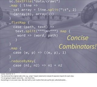 sc.textFile("data/crawl") 
.map { line => 
val array = line.split("t", 2) 
(array(0), array(1)) 
} 
.flatMap { 
case (path, text) => 
text.split("""W+""") map { 
word => (word, path) 
} 
Concise 
Combinators! 
} 
.map { 
case (w, p) => ((w, p), 1) 
} 
.reduceByKey{ 
case (n1, n2) => n1 + n2 
} 
.map { 
case ((w, p), n) => (w, (p, n)) 
} 
.groupBy { 
Tuesday, September 30, 14 
I’ve 
shortened 
the 
original 
code 
a 
bit, 
e.g., 
using 
* 
import 
statements 
instead 
of 
separate 
imports 
for 
each 
class. 
I’m 
not 
going 
to 
explain 
every 
line 
... 
nor 
most 
lines. 
Everything 
is 
in 
one 
outer 
class. 
We 
start 
with 
a 
main 
rouEne 
that 
sets 
up 
the 
job. 
LoOa 
boilerplate... 
 