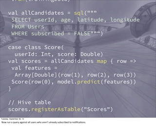 .run(trainingData) 
val allCandidates = sql(""" 
SELECT userId, age, latitude, longitude 
FROM Users 
WHERE subscribed = FALSE""") 
case class Score( 
userId: Int, score: Double) 
val scores = allCandidates map { row => 
val features = 
Array[Double](row(1), row(2), row(3)) 
Score(row(0), model.predict(features)) 
} 
// Hive table 
scores.registerAsTable("Scores") 
val topCandidates = sql(""" 
SELECT u.name, u.email 
FROM Scores s 
JOIN Users u ON s.userId = u.userId 
Tuesday, September 30, 14 
Now 
run 
a 
query 
against 
all 
users 
who 
aren’t 
already 
subscribed 
to 
noEficaEons. 
 