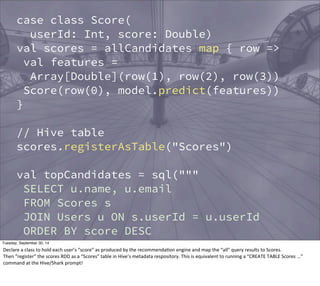 case class Score( 
userId: Int, score: Double) 
val scores = allCandidates map { row => 
val features = 
Array[Double](row(1), row(2), row(3)) 
Score(row(0), model.predict(features)) 
} 
// Hive table 
scores.registerAsTable("Scores") 
val topCandidates = sql(""" 
SELECT u.name, u.email 
FROM Scores s 
JOIN Users u ON s.userId = u.userId 
ORDER BY score DESC 
LIMIT 100""") Tuesday, September 30, 14 
Declare 
a 
class 
to 
hold 
each 
user’s 
“score” 
as 
produced 
by 
the 
recommendaEon 
engine 
and 
map 
the 
“all” 
query 
results 
to 
Scores. 
Then 
“register” 
the 
scores 
RDD 
as 
a 
“Scores” 
table 
in 
Hive’s 
metadata 
respository. 
This 
is 
equivalent 
to 
running 
a 
“CREATE 
TABLE 
Scores 
...” 
command 
at 
the 
Hive/Shark 
prompt! 
 