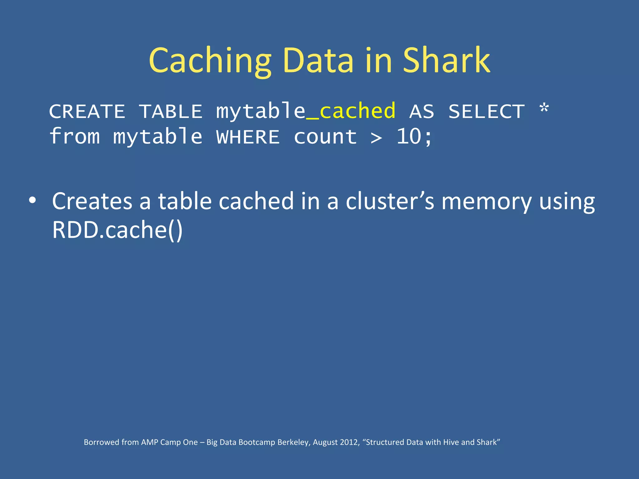 Caching Data in Shark
• Creates a table cached in a cluster’s memory using
RDD.cache()
CREATE TABLE mytable_cached AS SELECT *
from mytable WHERE count > 10;
Borrowed from AMP Camp One – Big Data Bootcamp Berkeley, August 2012, “Structured Data with Hive and Shark”
 