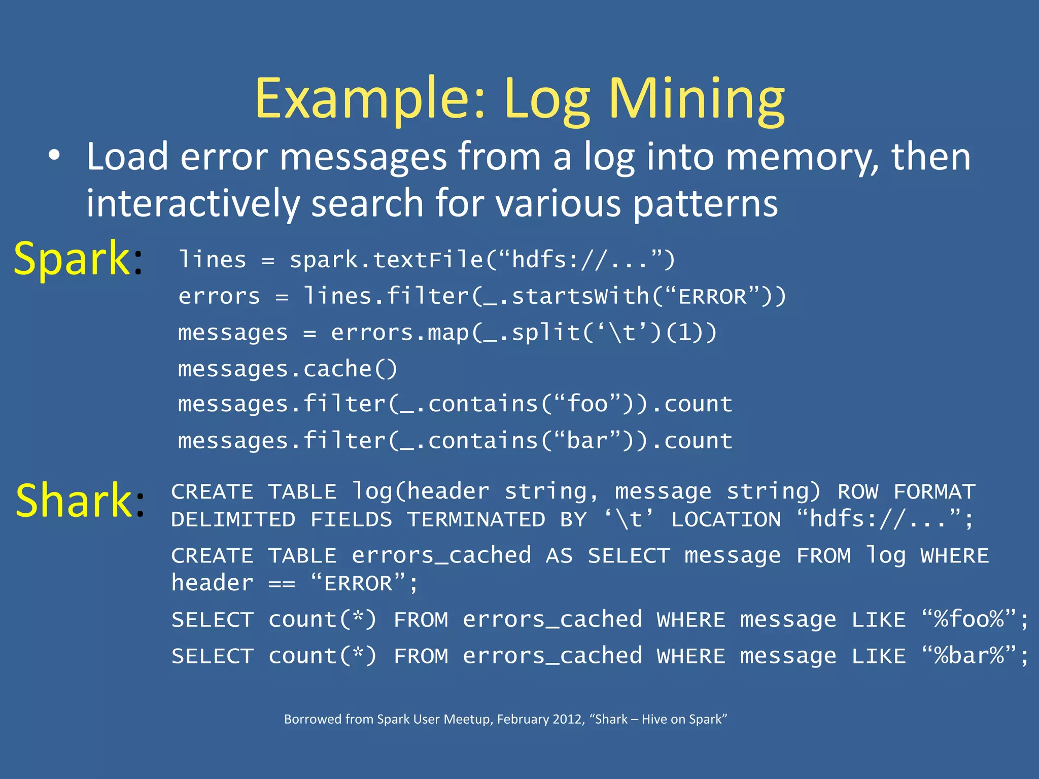 Example: Log Mining
• Load error messages from a log into memory, then
interactively search for various patterns
Spark: lines = spark.textFile(“hdfs://...”)
errors = lines.filter(_.startsWith(“ERROR”))
messages = errors.map(_.split(‘t’)(1))
messages.cache()
messages.filter(_.contains(“foo”)).count
messages.filter(_.contains(“bar”)).count
CREATE TABLE log(header string, message string) ROW FORMAT
DELIMITED FIELDS TERMINATED BY ‘t’ LOCATION “hdfs://...”;
CREATE TABLE errors_cached AS SELECT message FROM log WHERE
header == “ERROR”;
SELECT count(*) FROM errors_cached WHERE message LIKE “%foo%”;
SELECT count(*) FROM errors_cached WHERE message LIKE “%bar%”;
Shark:
Borrowed from Spark User Meetup, February 2012, “Shark – Hive on Spark”
 