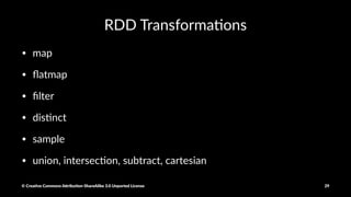 Passing Func+ons to Spark
Many RDD methods accept a func3on as a parameter
myRdd.map(lambda x: x*x)
is the same things as
def sqrN(x):
return x*x
myRdd.map(sqrN)
© Crea've Commons A.ribu'on-ShareAlike 3.0 Unported License 29
 