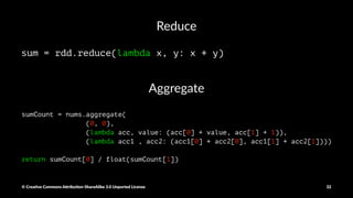 RDD Ac&ons
• collect
• count
• countByValue
• take
• top
• reduce
© Crea've Commons A.ribu'on-ShareAlike 3.0 Unported License 32
 