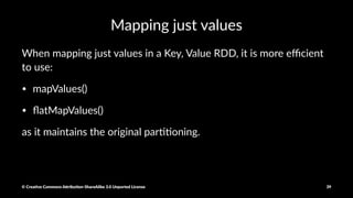 Set opera)ons on Key, Value RDDs
With two lists of key, value RDDs, we can:
• join
• rightOuterJoin
• le/OuterJoin
• cogroup
• subtractByKey
© Crea've Commons A.ribu'on-ShareAlike 3.0 Unported License 39
 