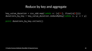 Crea%ng a key, value RDD
key_value_rdd = csv_rdd.map(lambda x: (x[41], x))
print key_value_rdd.take(1)
© Crea've Commons A.ribu'on-ShareAlike 3.0 Unported License 65
 