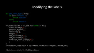 Coun%ng events by protocol
interactions_df.select("protocol_type", "duration", "dst_bytes")
.groupBy("protocol_type").count().show()
interactions_df.select("protocol_type", "duration",
"dst_bytes").filter(interactions_df.duration>1000)
.filter(interactions_df.dst_bytes==0)
.groupBy("protocol_type").count().show()
© Crea've Commons A.ribu'on-ShareAlike 3.0 Unported License 73
 