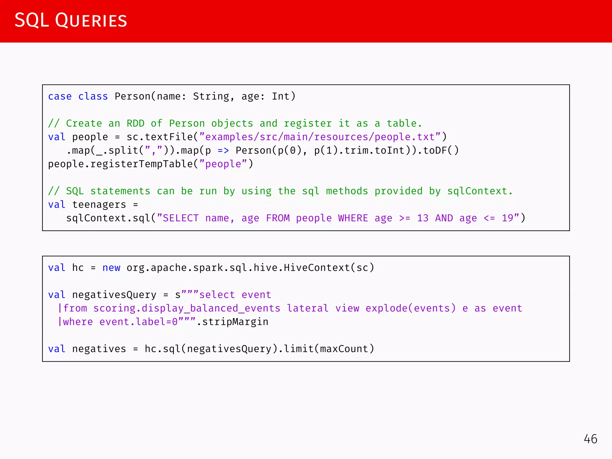 SQL Queries
case class Person(name: String, age: Int)
// Create an RDD of Person objects and register it as a table.
val people = sc.textFile(”examples/src/main/resources/people.txt”)
.map(_.split(”,”)).map(p => Person(p(0), p(1).trim.toInt)).toDF()
people.registerTempTable(”people”)
// SQL statements can be run by using the sql methods provided by sqlContext.
val teenagers =
sqlContext.sql(”SELECT name, age FROM people WHERE age >= 13 AND age <= 19”)
val hc = new org.apache.spark.sql.hive.HiveContext(sc)
val negativesQuery = s”””select event
|from scoring.display_balanced_events lateral view explode(events) e as event
|where event.label=0”””.stripMargin
val negatives = hc.sql(negativesQuery).limit(maxCount)
46
 