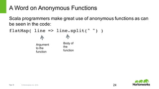 Page   24 ©  Hortonworks  Inc.  2014
A  Word  on  Anonymous  Functions
Scala programmers  make  great  use  of  anonymous  functions  as  can  
be  seen  in  the  code:
flatMap( line => line.split(" ") )
24
Argument  
to  the  
function
Body  of  
the  
function
 