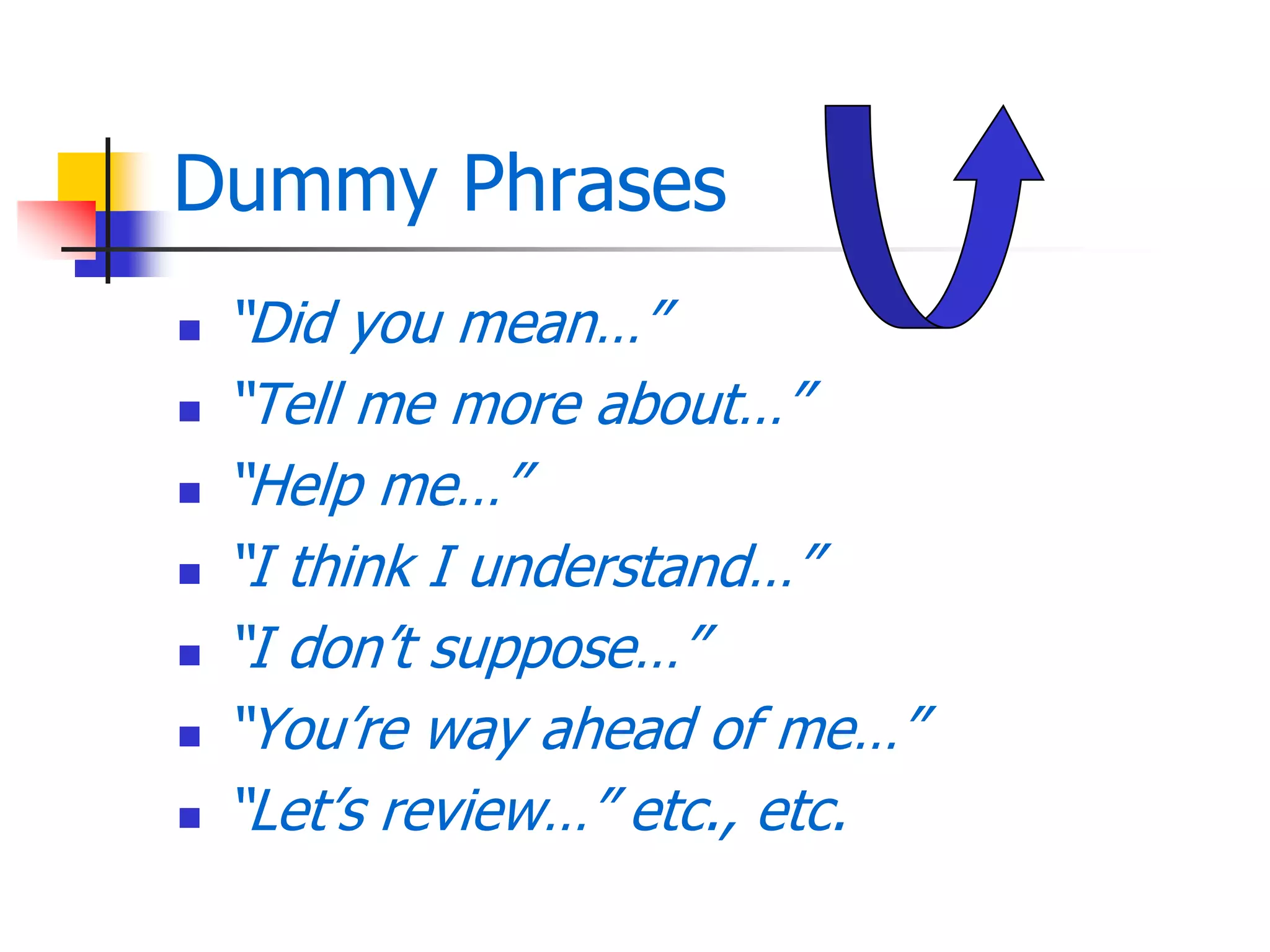 Dummy Phrases
 ―Did you mean…‖
 ―Tell me more about…‖
 ―Help me…‖
 ―I think I understand…‖
 ―I don’t suppose…‖
 ―You’re way ahead of me…‖
 ―Let’s review…‖ etc., etc.
 