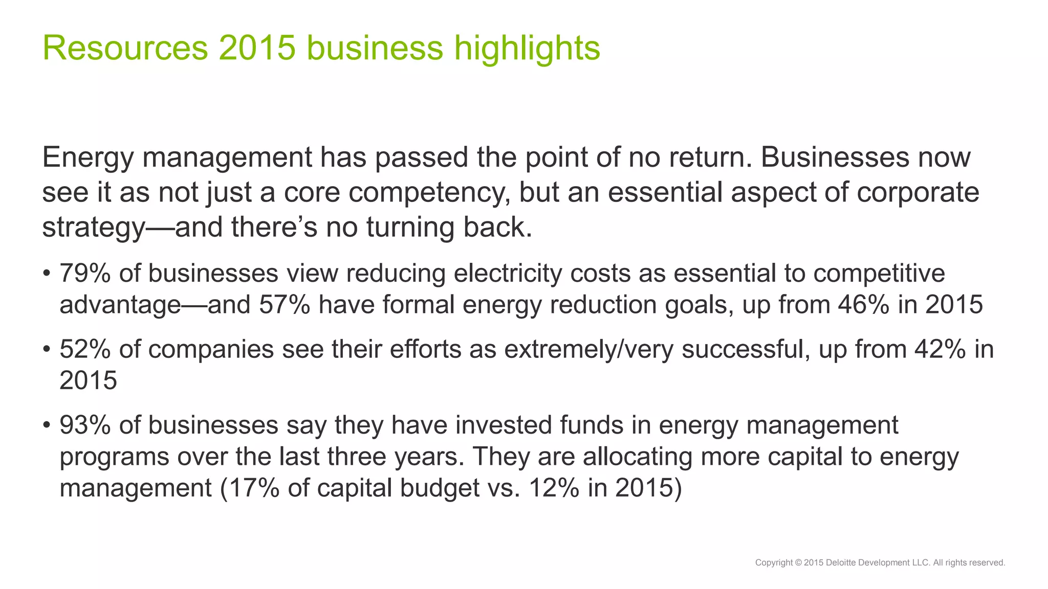 Copyright © 2015 Deloitte Development LLC. All rights reserved.
Energy management has passed the point of no return. Businesses now
see it as not just a core competency, but an essential aspect of corporate
strategy—and there’s no turning back.
• 79% of businesses view reducing electricity costs as essential to competitive
advantage—and 57% have formal energy reduction goals, up from 46% in 2015
• 52% of companies see their efforts as extremely/very successful, up from 42% in
2015
• 93% of businesses say they have invested funds in energy management
programs over the last three years. They are allocating more capital to energy
management (17% of capital budget vs. 12% in 2015)
Resources 2015 business highlights
 