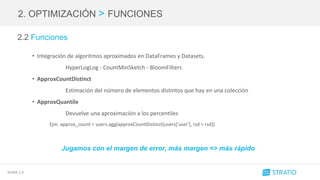 SPARK 2.0
2. OPTIMIZACIÓN > FUNCIONES
2.2 Funciones
• Integración de algoritmos aproximados en DataFrames y Datasets.
HyperLogLog - CountMinSketch - BloomFilters
• ApproxCountDistinct
Estimación del número de elementos distintos que hay en una colección
• ApproxQuantile
Devuelve una aproximación a los percentiles
Ejm. approx_count = users.agg(approxCountDistinct(users['user'], rsd = rsd))
Jugamos con el margen de error, más margen => más rápido
 