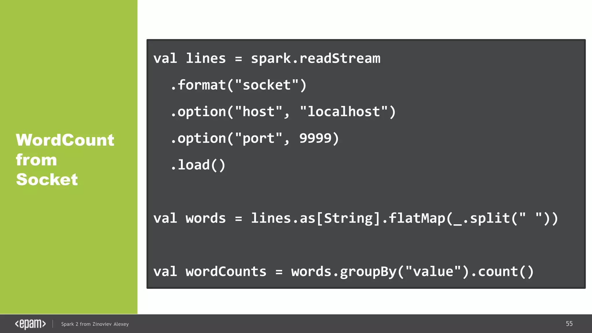 55Spark 2 from Zinoviev Alexey
WordCount
from
Socket
val lines = spark.readStream
.format("socket")
.option("host", "localhost")
.option("port", 9999)
.load()
val words = lines.as[String].flatMap(_.split(" "))
val wordCounts = words.groupBy("value").count()
 