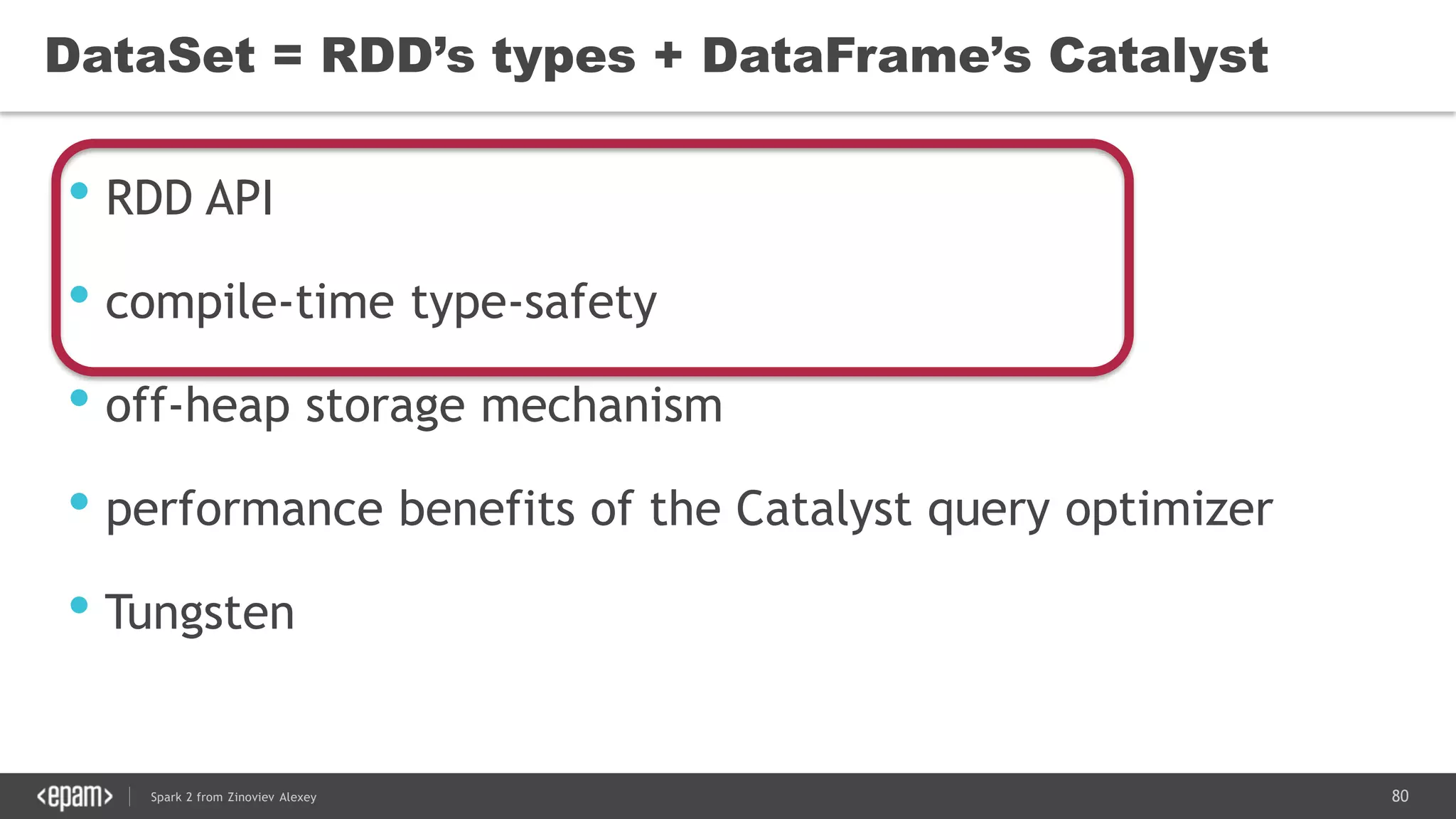 80Spark 2 from Zinoviev Alexey
DataSet = RDD’s types + DataFrame’s Catalyst
• RDD API
• compile-time type-safety
• off-heap storage mechanism
• performance benefits of the Catalyst query optimizer
• Tungsten
 