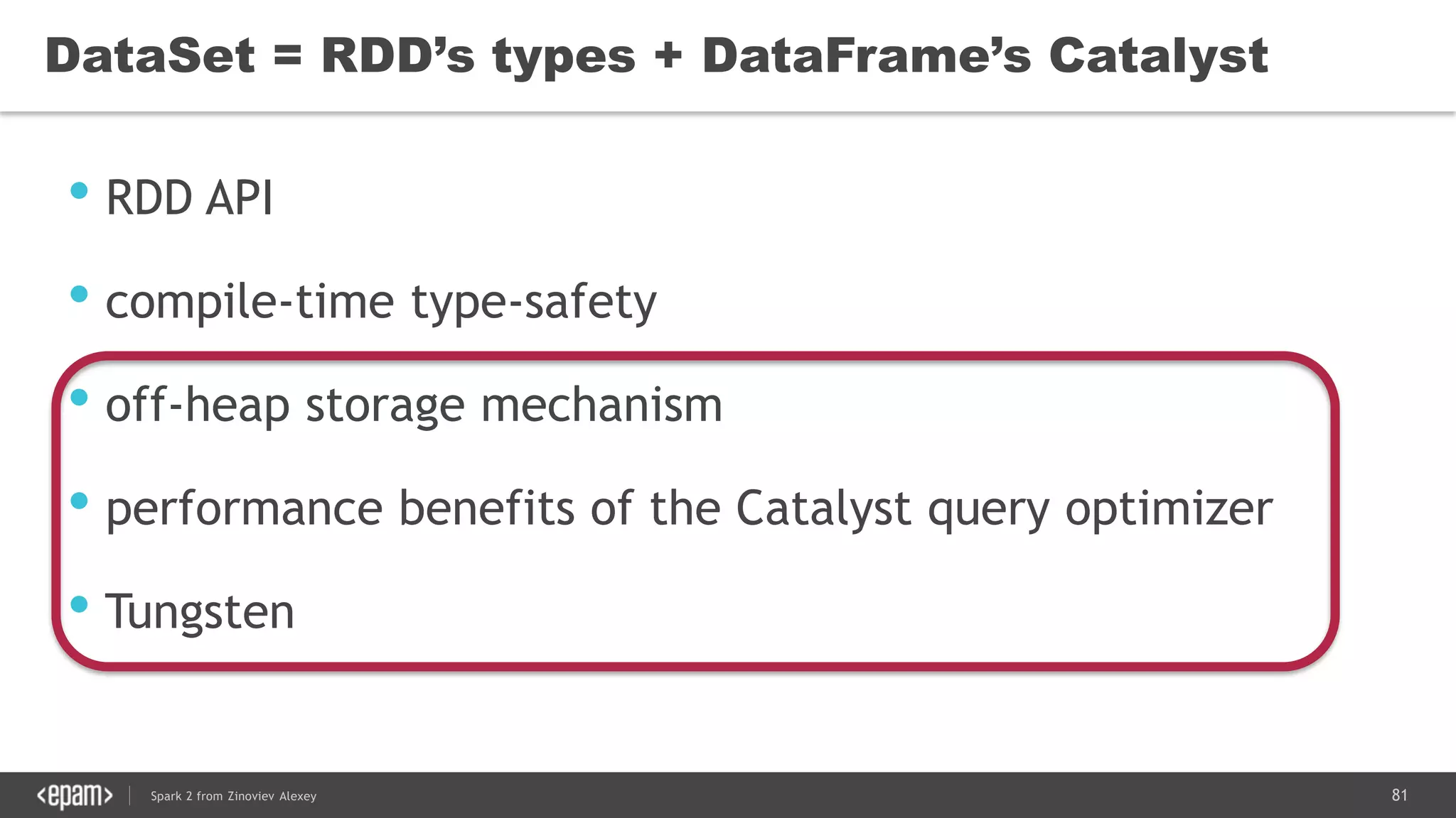 81Spark 2 from Zinoviev Alexey
DataSet = RDD’s types + DataFrame’s Catalyst
• RDD API
• compile-time type-safety
• off-heap storage mechanism
• performance benefits of the Catalyst query optimizer
• Tungsten
 