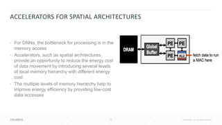 49 © Cloudera, Inc. All rights reserved.
ACCELERATORS FOR SPATIAL ARCHITECTURES
• For DNNs, the bottleneck for processing is in the
memory access
• Accelerators, such as spatial architectures,
provide an opportunity to reduce the energy cost
of data movement by introducing several levels
of local memory hierarchy with different energy
cost
• The multiple levels of memory hierarchy help to
improve energy efficiency by providing low-cost
data accesses
 