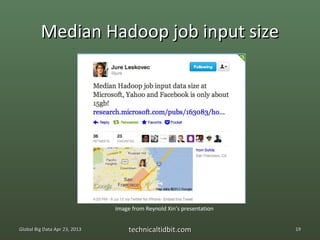 Median Hadoop job input size




                               Image from Reynold Xin’s presentation


Global Big Data Apr 23, 2013        technicaltidbit.com                19
 