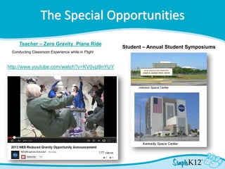 The Special Opportunities
Student – Annual Student Symposiums
Teacher – Zero Gravity Plane Ride
Conducting Classroom Experience while in Flight
http://www.youtube.com/watch?v=KV0vjz8nYUY
 