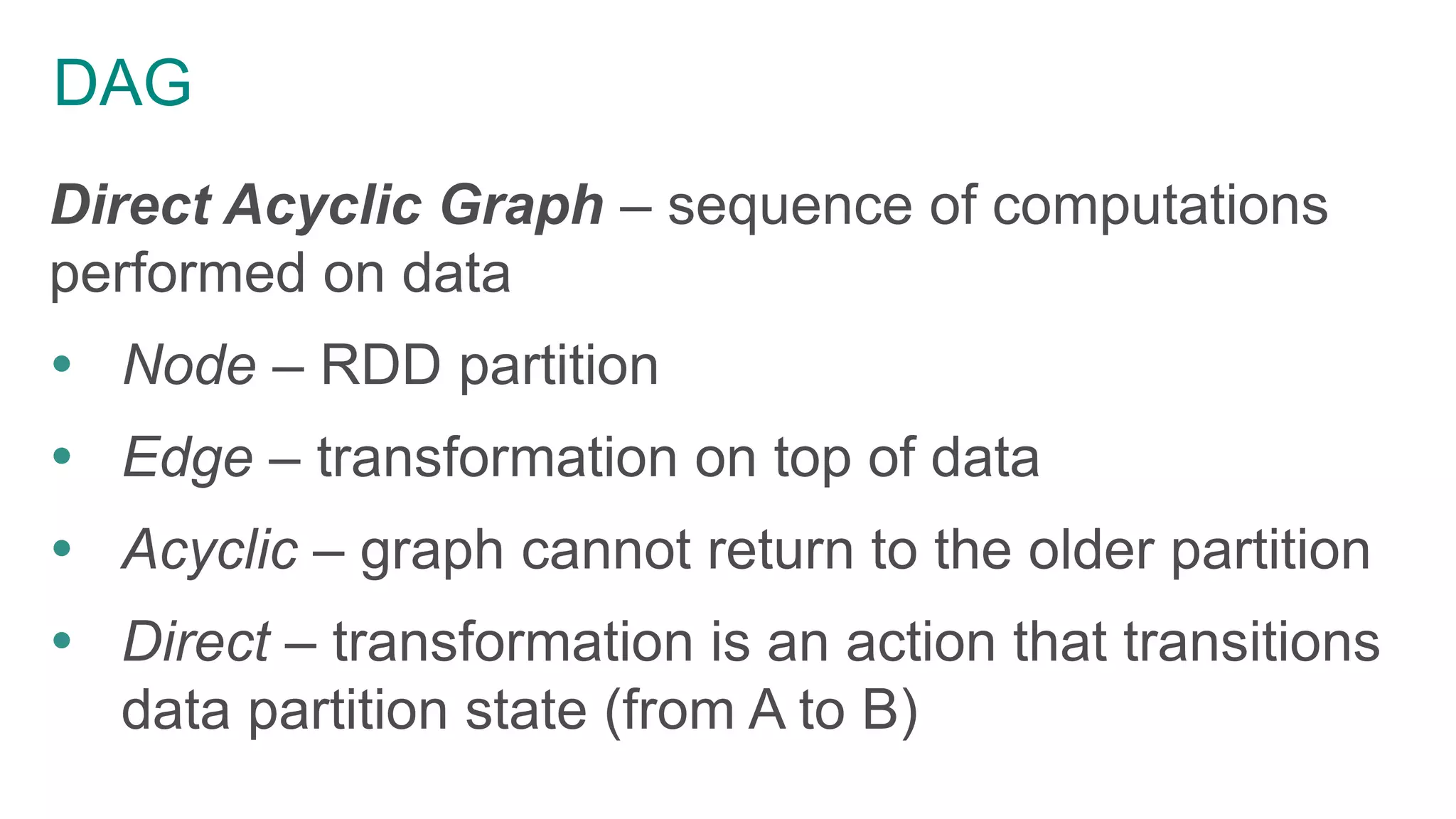 DAG
Direct Acyclic Graph – sequence of computations
performed on data
 Node – RDD partition
 Edge – transformation on top of data
 Acyclic – graph cannot return to the older partition
 Direct – transformation is an action that transitions
data partition state (from A to B)
 