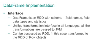 DataFrame Implementation
 Interface
– DataFrame is an RDD with schema – field names, field
data types and statistics
– Unified transformation interface in all languages, all the
transformations are passed to JVM
– Can be accessed as RDD, in this case transformed to
the RDD of Row objects
 