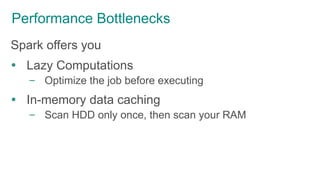 Performance Bottlenecks
Spark offers you
 Lazy Computations
– Optimize the job before executing
 In-memory data caching
– Scan HDD only once, then scan your RAM
 