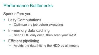 Performance Bottlenecks
Spark offers you
 Lazy Computations
– Optimize the job before executing
 In-memory data caching
– Scan HDD only once, then scan your RAM
 Efficient pipelining
– Avoids the data hitting the HDD by all means
 