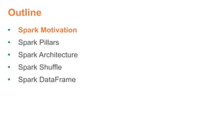Outline
 Spark Motivation
 Spark Pillars
 Spark Architecture
 Spark Shuffle
 Spark DataFrame
 