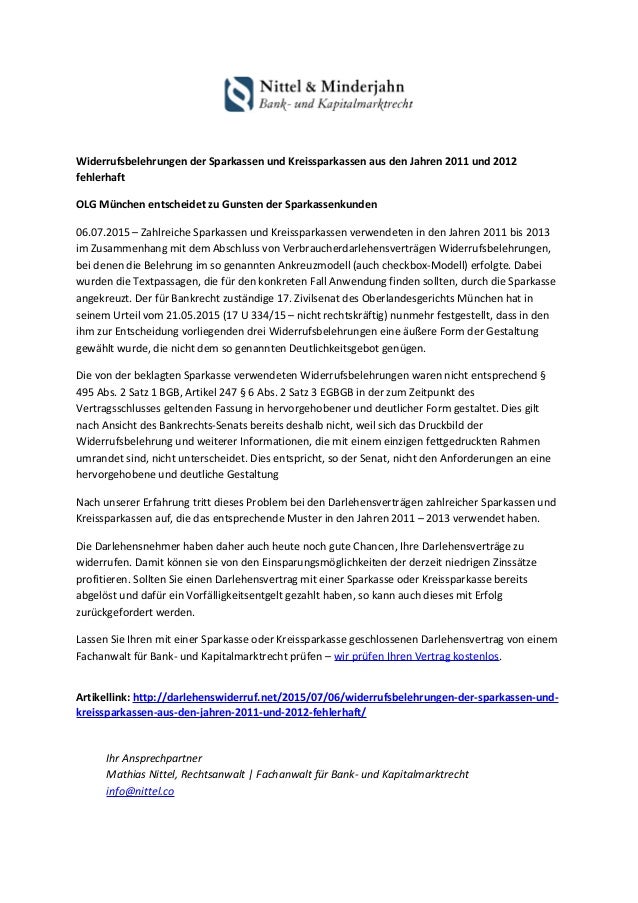 widerrufsbelehrungen der sparkassen und kreissparkassen aus den jahren 2011 und 2012 fehlerhaft olg mnchen entscheidet zu - Muster Widerrufsbelehrung Darlehensvertrag widerrufsbelehrungen der sparkassen und kreissparkassen aus den jahren 2011 und 2012 fehlerhaft olg mnchen entscheidet zu - Muster Widerrufsbelehrung Darlehensvertrag
