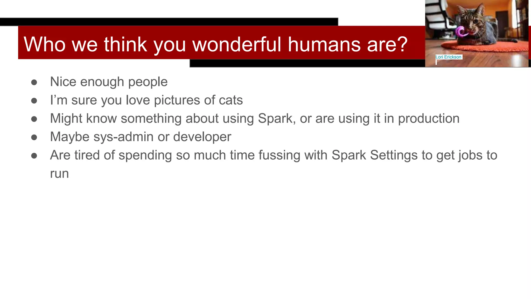 Who we think you wonderful humans are?
● Nice enough people
● I’m sure you love pictures of cats
● Might know something about using Spark, or are using it in production
● Maybe sys-admin or developer
● Are tired of spending so much time fussing with Spark Settings to get jobs to
run
Lori Erickson
 