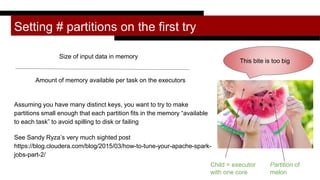 Setting # partitions on the first try
Assuming you have many distinct keys, you want to try to make
partitions small enough that each partition fits in the memory “available
to each task” to avoid spilling to disk or failing
See Sandy Ryza’s very much sighted post
https://blog.cloudera.com/blog/2015/03/how-to-tune-your-apache-spark-
jobs-part-2/
Size of input data in memory
Amount of memory available per task on the executors
This bite is too big
Child = executor
with one core
Partition of
melon
 