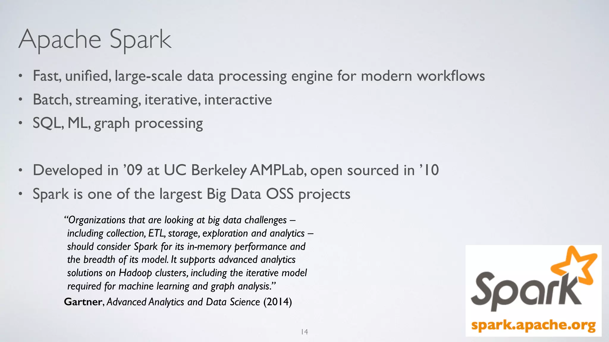 Apache Spark
• Fast, uniﬁed, large-scale data processing engine for modern workﬂows
• Batch, streaming, iterative, interactive
• SQL, ML, graph processing
• Developed in ’09 at UC Berkeley AMPLab, open sourced in ’10
• Spark is one of the largest Big Data OSS projects
“Organizations that are looking at big data challenges – 
including collection, ETL, storage, exploration and analytics – 
should consider Spark for its in-memory performance and 
the breadth of its model. It supports advanced analytics 
solutions on Hadoop clusters, including the iterative model 
required for machine learning and graph analysis.”
Gartner, Advanced Analytics and Data Science (2014)
14
 