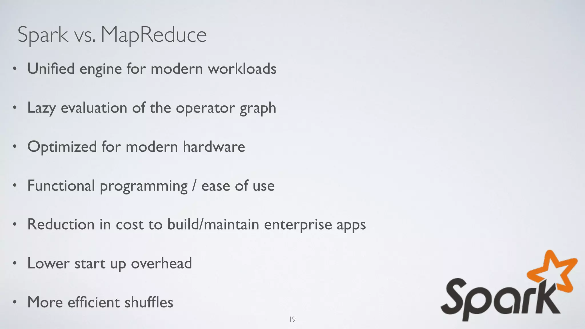 Spark vs. MapReduce
• Uniﬁed engine for modern workloads
• Lazy evaluation of the operator graph
• Optimized for modern hardware
• Functional programming / ease of use
• Reduction in cost to build/maintain enterprise apps
• Lower start up overhead
• More efﬁcient shufﬂes
19
 