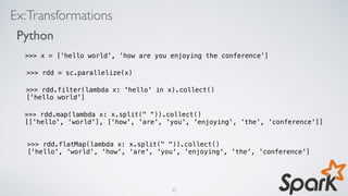 Ex:Transformations
Python
>>> x = ['hello world', 'how are you enjoying the conference']
>>> rdd = sc.parallelize(x)
>>> rdd.filter(lambda x: 'hello' in x).collect()
['hello world']
>>> rdd.map(lambda x: x.split(" ")).collect()
[['hello', 'world'], ['how', 'are', 'you', 'enjoying', 'the', 'conference']]
>>> rdd.flatMap(lambda x: x.split(" ")).collect()
['hello', 'world', 'how', 'are', 'you', 'enjoying', 'the', 'conference']
33
 