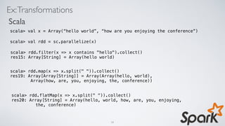 Ex:Transformations
Scala
scala> val x = Array(“hello world”, “how are you enjoying the conference”)
scala> val rdd = sc.parallelize(x)
scala> rdd.filter(x => x contains "hello").collect()
res15: Array[String] = Array(hello world)
scala> rdd.map(x => x.split(" ")).collect()
res19: Array[Array[String]] = Array(Array(hello, world),
Array(how, are, you, enjoying, the, conference))
scala> rdd.flatMap(x => x.split(" ")).collect()
res20: Array[String] = Array(hello, world, how, are, you, enjoying,
the, conference)
34
 