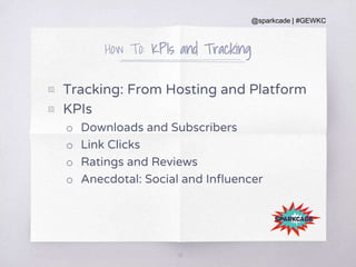 @sparkcade | #GEWKC
How To: KPIs and Tracking
▧ Tracking: From Hosting and Platform
▧ KPIs
o Downloads and Subscribers
o Link Clicks
o Ratings and Reviews
o Anecdotal: Social and Influencer
38
 