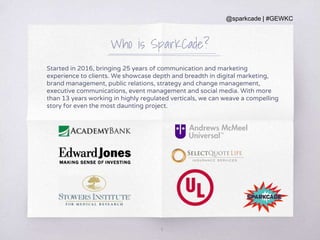 @sparkcade | #GEWKC
Who is SparKCade?
Started in 2016, bringing 25 years of communication and marketing
experience to clients. We showcase depth and breadth in digital marketing,
brand management, public relations, strategy and change management,
executive communications, event management and social media. With more
than 13 years working in highly regulated verticals, we can weave a compelling
story for even the most daunting project.
4
 