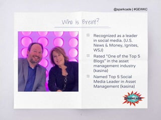 @sparkcade | #GEWKC
Who is Brent?
▧ Recognized as a leader
in social media. (U.S.
News & Money, Ignites,
WSJ)
▧ Rated “One of the Top 5
Blogs” in the asset
management industry
(kasina)
▧ Named Top 5 Social
Media Leader in Asset
Management (kasina)
5
 