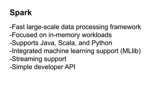 Spark 
-Fast large-scale data processing framework 
-Focused on in-memory workloads 
-Supports Java, Scala, and Python 
-Integrated machine learning support (MLlib) 
-Streaming support 
-Simple developer API 
 