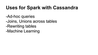 Uses for Spark with Cassandra 
-Ad-hoc queries 
-Joins, Unions across tables 
-Rewriting tables 
-Machine Learning 
 