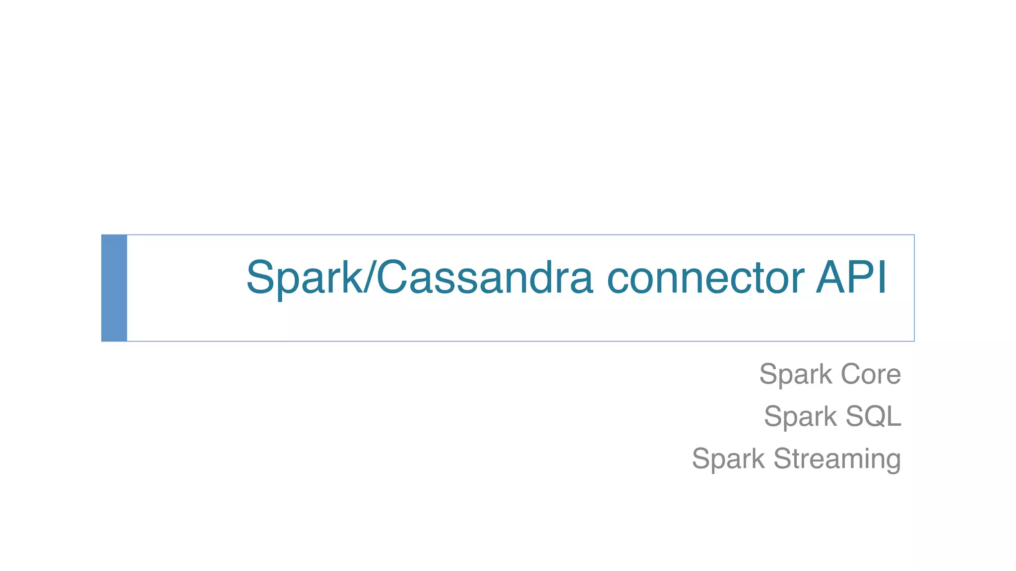 Spark/Cassandra connector API! Spark Core! Spark SQL! Spark Streaming! ! 