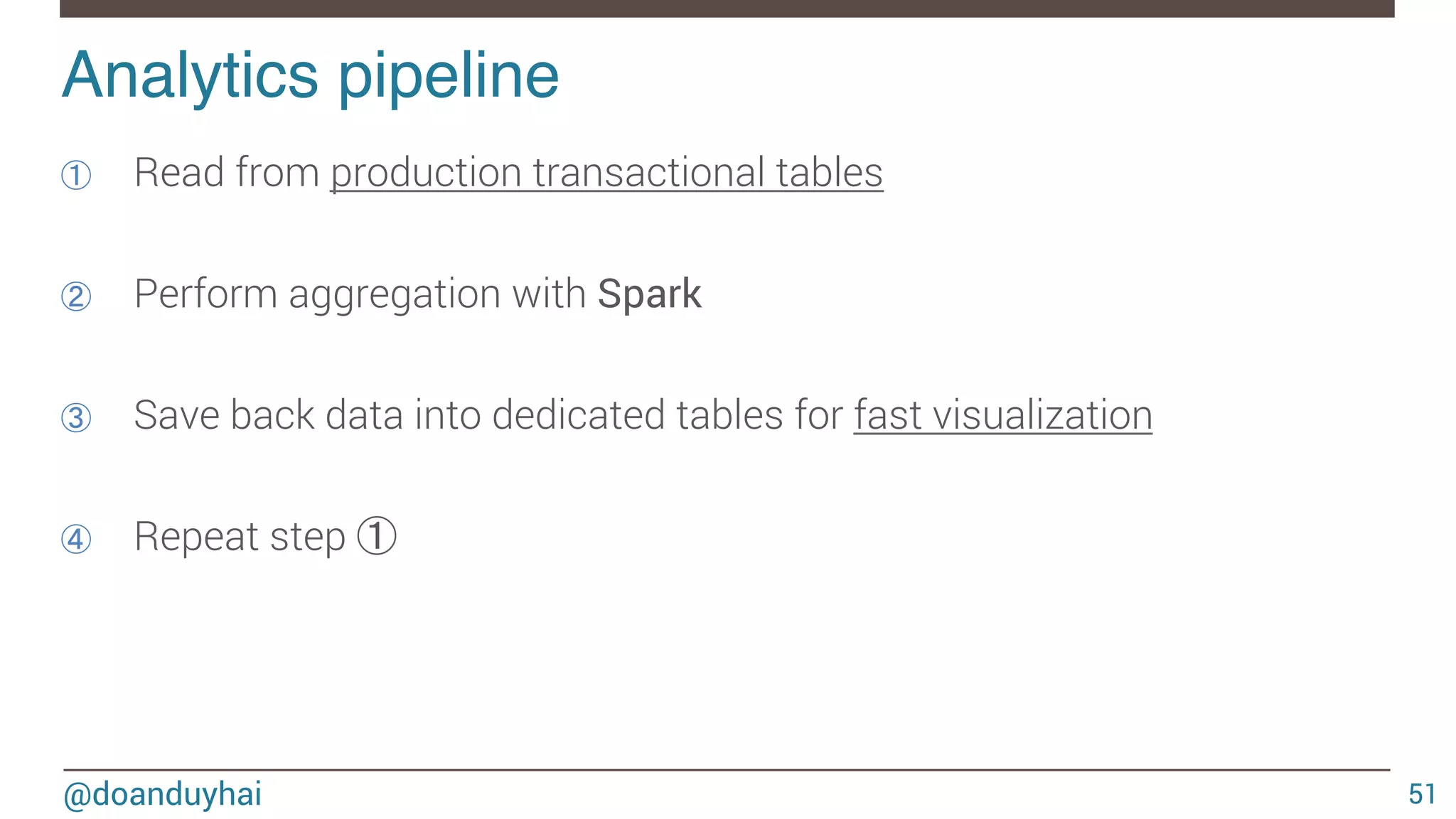 @doanduyhai Analytics pipeline! 51 ①  Read from production transactional tables ②  Perform aggregation with Spark ③  Save back data into dedicated tables for fast visualization ④  Repeat step ① 