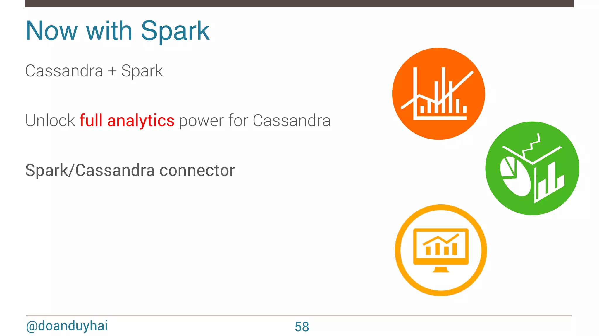 @doanduyhai Now with Spark! Cassandra + Spark Unlock full analytics power for Cassandra Spark/Cassandra connector 58 