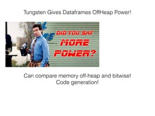 Tungsten Gives Dataframes OffHeap Power!
Can compare memory off-heap and bitwise!
Code generation!
 