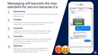 Messaging will become the new
standard for service because it’s:
Threaded
2 Conversations can continue where they left off meaning
customers don’t have to repeat themselves
Convenient
4 Every phone has a message app that can handle SMS
and important messages can be pushed to home
screens on smartphones
Expressive
5 gifs, emoji, images, video can all be appended to
messages making it an entirely more expressive
medium than phone, email, or chat
Asynchronous
1 Both parties don’t need to be available at the same time unlike
phone or chat
Contextual
3 Automated messages such as boarding passes, delay
notifications, etc can be included in conversations
 
